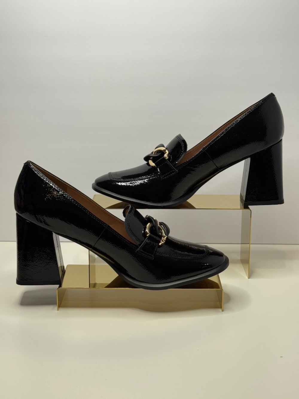 NWT Linea Paolo Cece Black Crinkle Leather Chain Loafers Block Heel Womens 10 - Picture 5 of 7